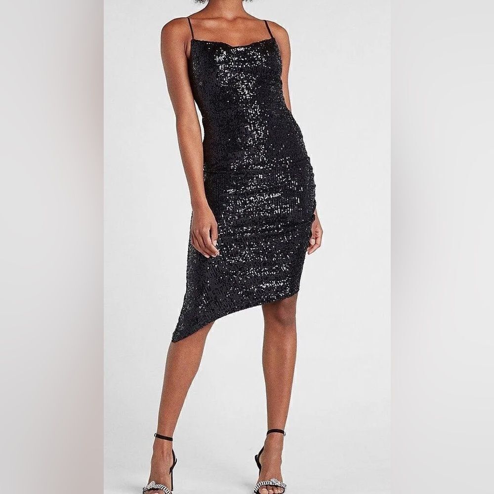 NWT new Express Sequin‎ Cowl Neck Slip Dress size XXS black midi asymmetrical